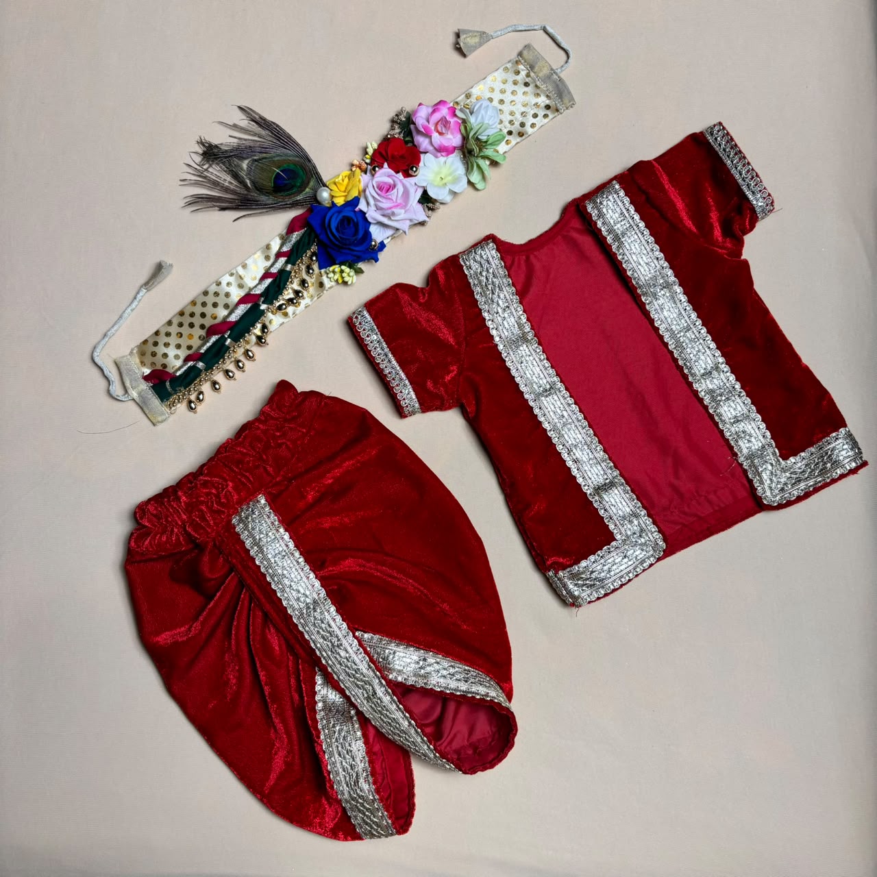 Royal red velvet krishna Dhoti set for baby Boys